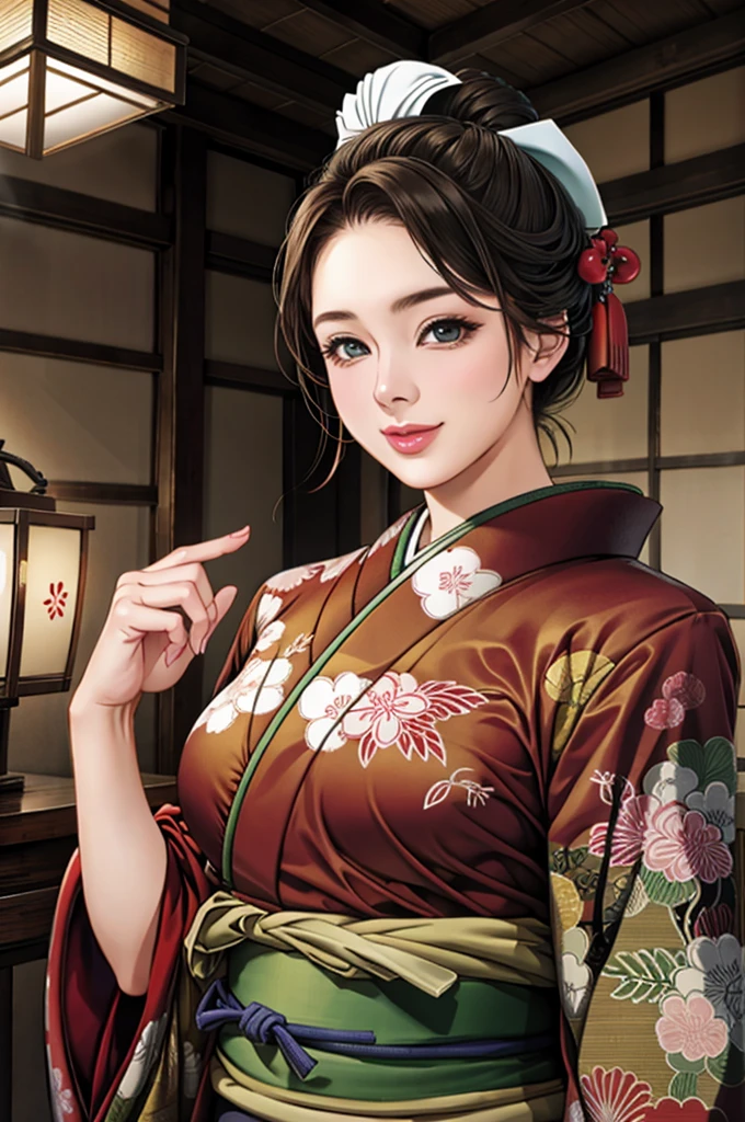 (Browsing Caution), (RAW Photos), (Realistic), (Photorealistic), Ultra-high resolution, masterpiece, Highest quality, Portraiture, facial Portraiture, Perfect lighting, Detailed lighting, Dramatic Shadows, Ray Tracing, Pure Eros Face_v1, Urzan-6500-v1.1, ((gentle smile)), ((upper body:1.2)), ((random sexy pose)), looking at viewer, ((wearing a kimono)), ((in old Japanese shinto)), ((background with blizzard:1.2)),