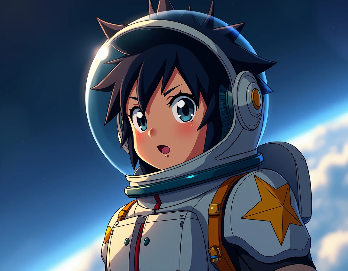 make a anime styled space pilot that has brown light brown skin that is a pacific islander, with black spikey hair and golden start decals on the space suit