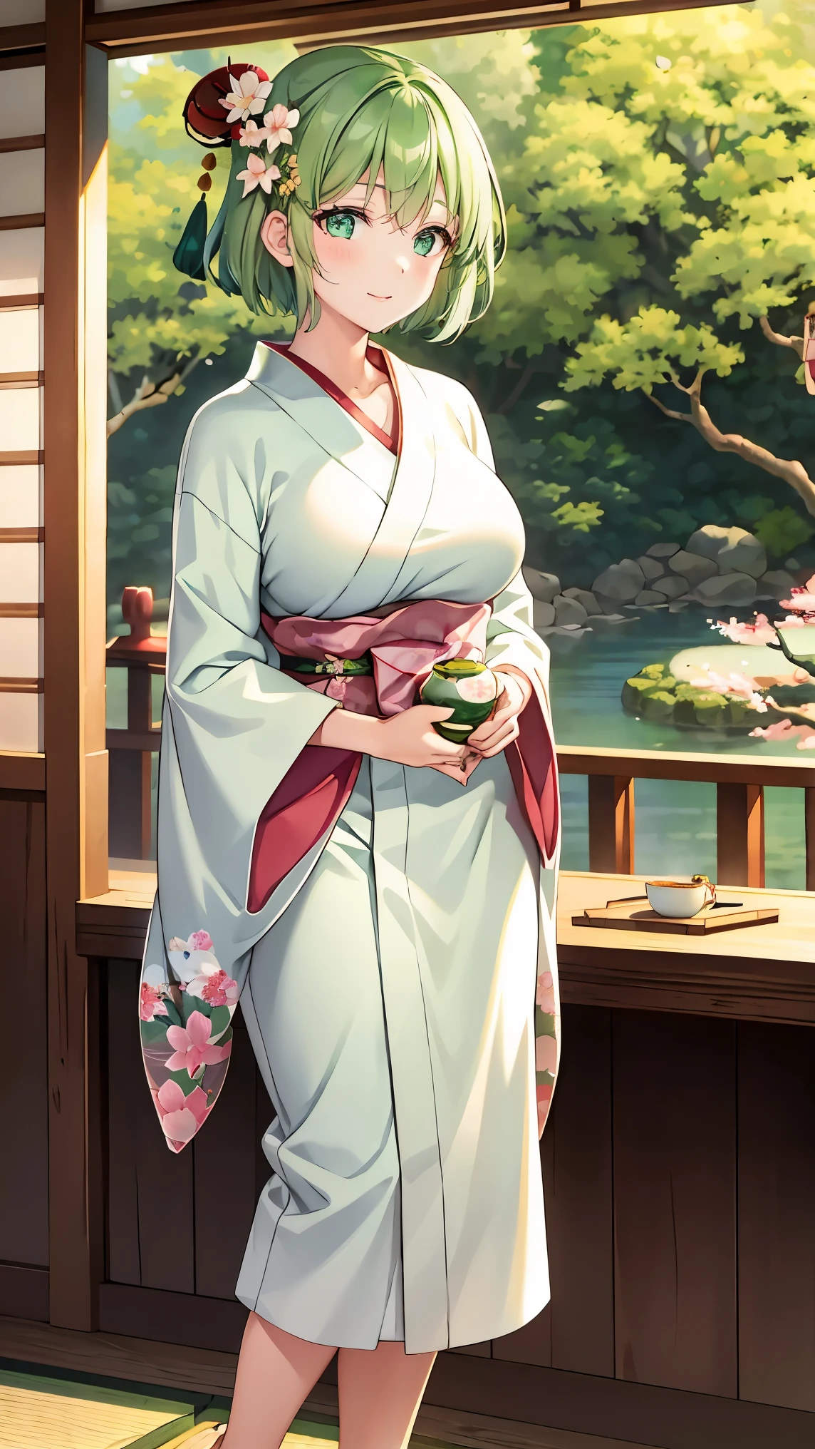 Short green hair, Small breasts, Green Eyes, White Casual Beauty Special、(((tits))),Full body photo from head to toe、Kimono、Patterned Japanese clothing、Cherry tree in full bloom、Fluttering petals、Tea Ceremony、Graceful Manners、Tea party、Chatting in a Japanese-style room