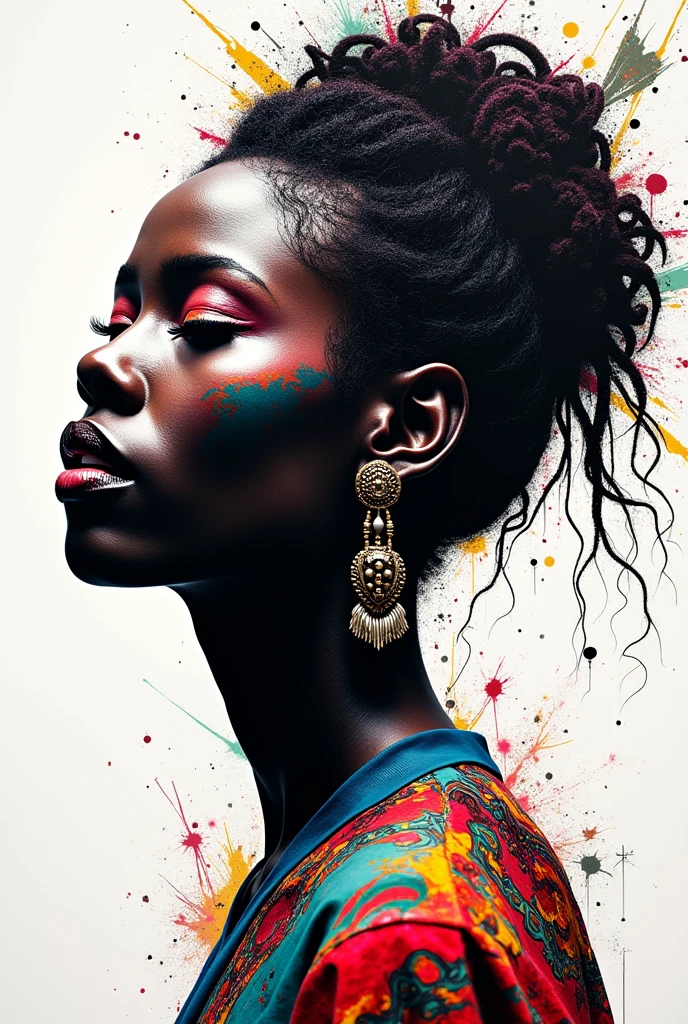 Create colorful Bansky-style art for poetry: 
IANSÃ commands the winds And the strength of the elements At the tip of your guilder She's a beautiful girl When the sky falls Always the beginning and the end 


black skin 
White background