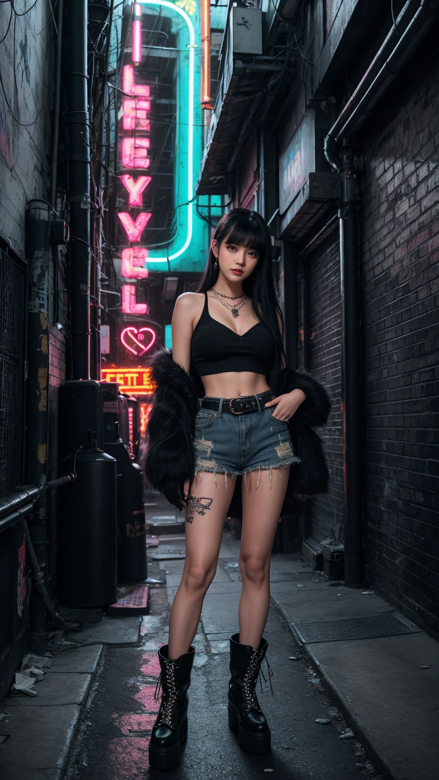 A girl posing in a grungy, neon-lit urban alleyway. Black hair with bangs, The girls wear edgy streetwear, chunky puffy heart necklace, fur boots, crochet bolero shrug arm sleeve, wide leg jeans skirt, and sleeveless crop top vintage, pearls and stars belt, half finger gloves, The alleyway is dark and atmospheric, with graffiti-covered walls and glowing neon signs, grungy aesthetic, high angle, night
