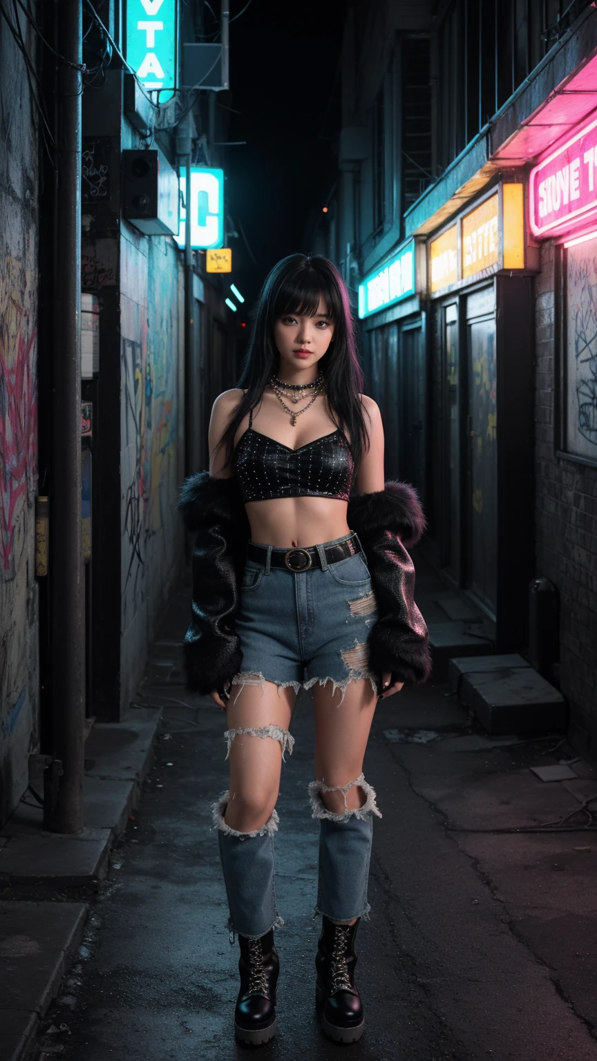 A girl posing in a grungy, neon-lit urban alleyway. Black hair with bangs, The girls wear edgy streetwear, chunky puffy heart necklace, fur boots, crochet bolero shrug arm sleeve, wide leg jeans skirt, and sleeveless crop top vintage, pearls and stars belt, half finger gloves, The alleyway is dark and atmospheric, with graffiti-covered walls and glowing neon signs, grungy aesthetic, high angle, night