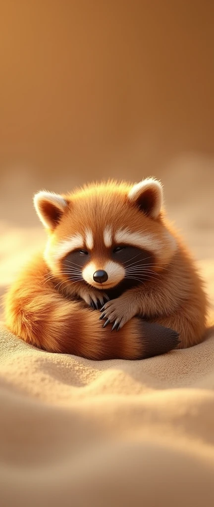 A captivating and vibrant 3D render of a cute, extra fluffy  raccoon, curled up on a soft sandy bed. The warm golden brown fur contrasts beautifully with the warm ecru sand, creating a serene and comforting environment. The raccoon's eyes are closed, radiating a sense of peacefulness and innocence. The background is a harmonious blend of golden brown and sandy hues, enhancing the overall warm and inviting atmosphere. The conceptual art piece showcases the beauty of the raccoon in its natural element, evoking a sense of tranquility and connection to nature., conceptual art, 3d render, photo, vibrant