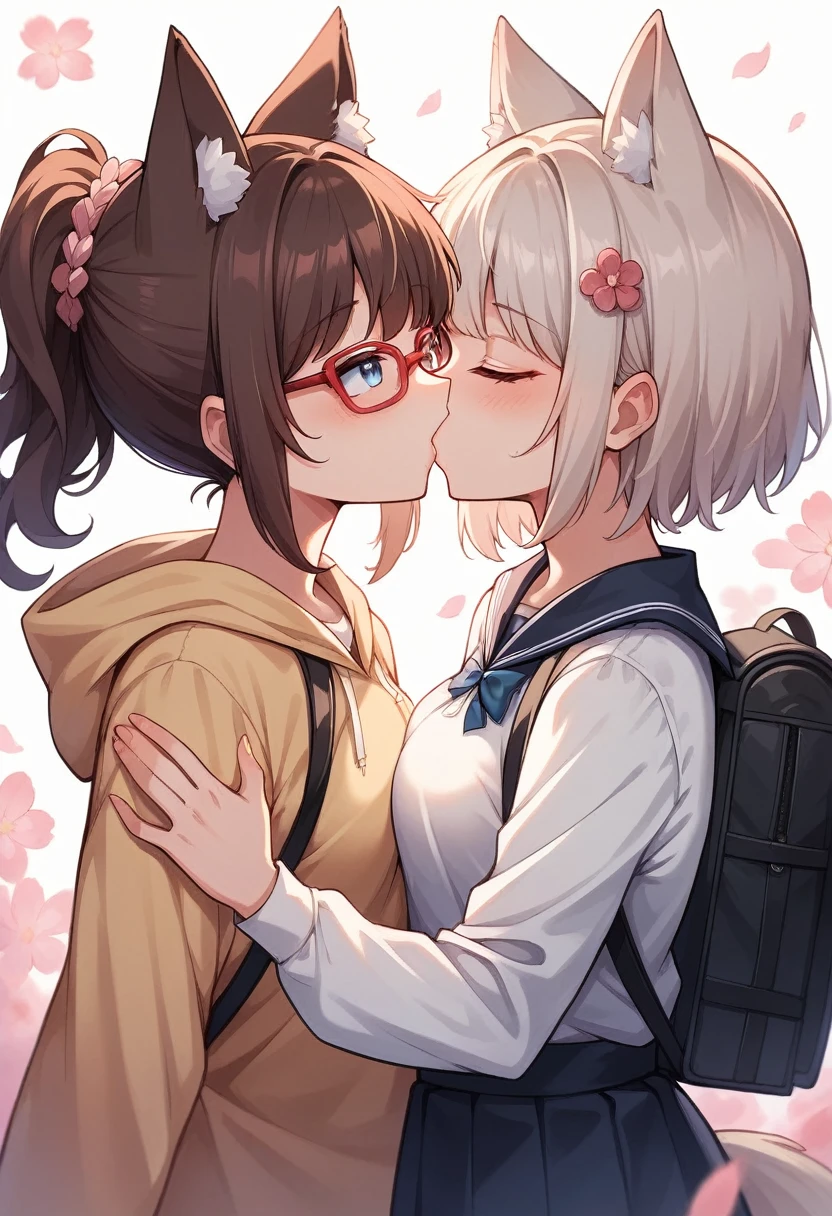Create an enchanting anime-style illustration featuring two girls sharing a tender kiss. The first girl has short,brown hair, bright blue eyes, with red glasses, She is dressed in a light beige hoodie and is also carrying a backpack. The second girl is shorter, with shoulder-length white hair, large red eyes, and fluffy white fox ears. She dons a similar kimono, featuring a predominantly white base with soft pink accents and a distinct floral design. Her obi is also deep pink, tied in a large bow, and she wears a pink flower accessory in her hair. As they kiss, their warm and cheerful expressions convey a deep sense of love and connection. They are surrounded by a soft, pastel background that enhances the overall gentle and heartwarming mood of the scene. The lighting around them is darker, creating a contrast that emphasizes the intimate moment and adds depth to the illustration. This deeper lighting effect adds a touch of mystery and magic to the atmosphere while still maintaining a serene vibe. Ensure the details of their kimonos, hair, and fox ears are intricate and vibrant, capturing the enchanting essence of the characters, they are naked showing off their boobs