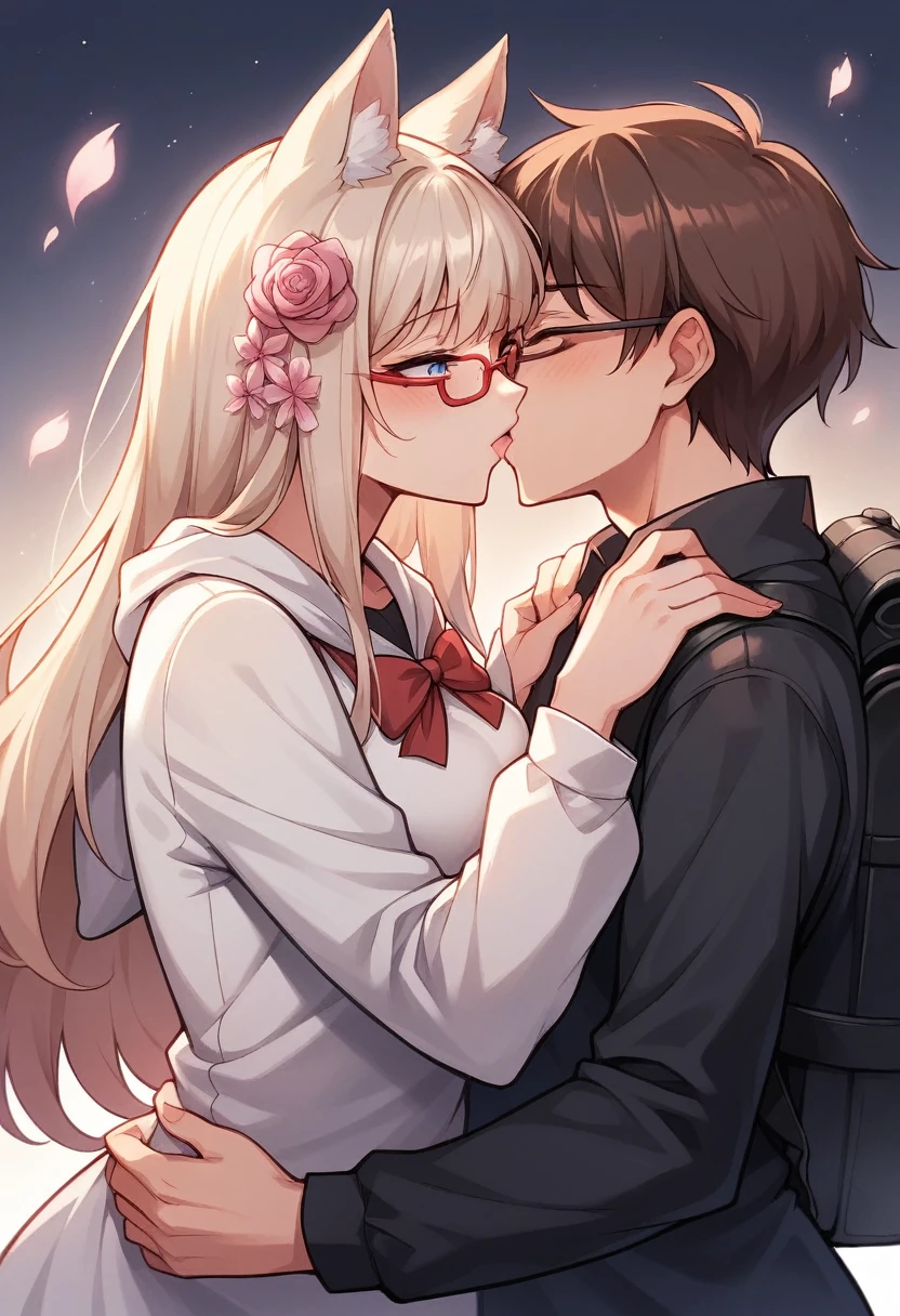 Create an enchanting anime-style illustration featuring two girls sharing a tender kiss. The first girl has short,brown hair, bright blue eyes, with red glasses, She is dressed in a light beige hoodie and is also carrying a backpack. The second girl is shorter, with shoulder-length white hair, large red eyes, and fluffy white fox ears. She dons a similar kimono, featuring a predominantly white base with soft pink accents and a distinct floral design. Her obi is also deep pink, tied in a large bow, and she wears a pink flower accessory in her hair. As they kiss, their warm and cheerful expressions convey a deep sense of love and connection. They are surrounded by a soft, pastel background that enhances the overall gentle and heartwarming mood of the scene. The lighting around them is darker, creating a contrast that emphasizes the intimate moment and adds depth to the illustration. This deeper lighting effect adds a touch of mystery and magic to the atmosphere while still maintaining a serene vibe. Ensure the details of their kimonos, hair, and fox ears are intricate and vibrant, capturing the enchanting essence of the characters, they are naked showing off their boobs