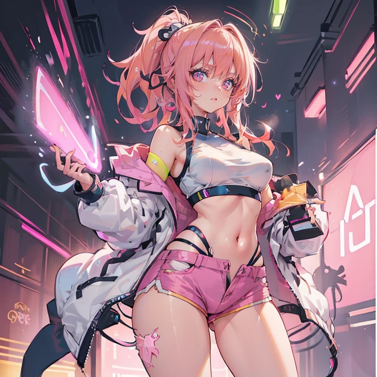Anime Kawaii sexy Perfect Slim sensual body large breast and huge thighs, An intricate and highly detailed illustration of anime (Young girl) ((Masterpiece)), best quality, absurderes, ultra detailed, holographic, cowboy shot, golden ratio, super cute girl, mature girl, idol girl, super beautiful asian girl with very beautiful violet glowing eyes, beautiful glowing brown multicolored hair, high ponytail, nice and sexy body, slim body, perfect body, an anime printed super tight off shoulder long sleeve crop top, wearing super tight anime print micro shorts, a super aesthetic transparent mini jacket, beautiful hair ornament, pink jordan tennis, being photographed in a mall shop,( undressing, taking off micro shorts, showing neon pink panties, showing thong: 1.5)
