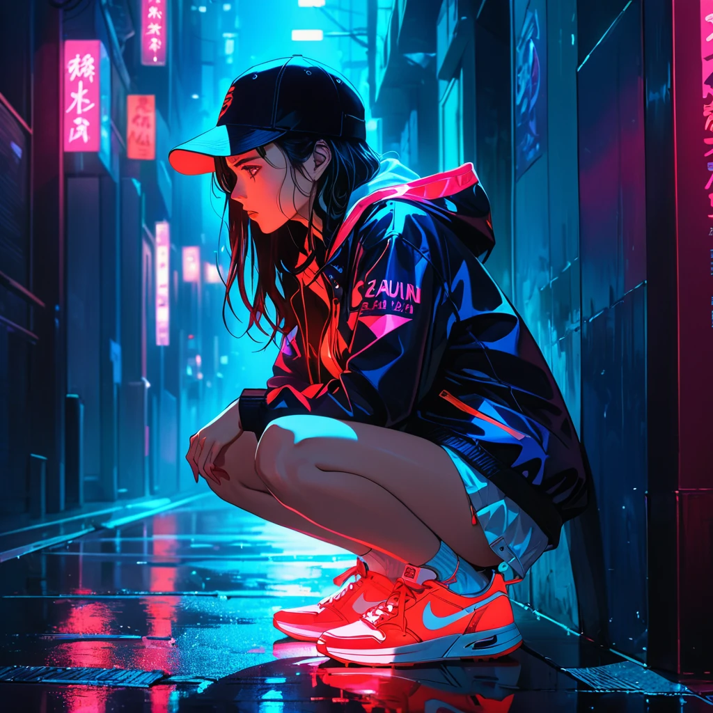 An anime-style illustration of a woman crouching in the dark, looking straight ahead with her face hidden by a cap. She is wearing a street-style jacket and sneakers, both highlighted with fluorescent red, making them visible in the dark.
High resolution, masterpiece, accurate, 最high quality, High detail, high quality, Very detailed, dark,longhair