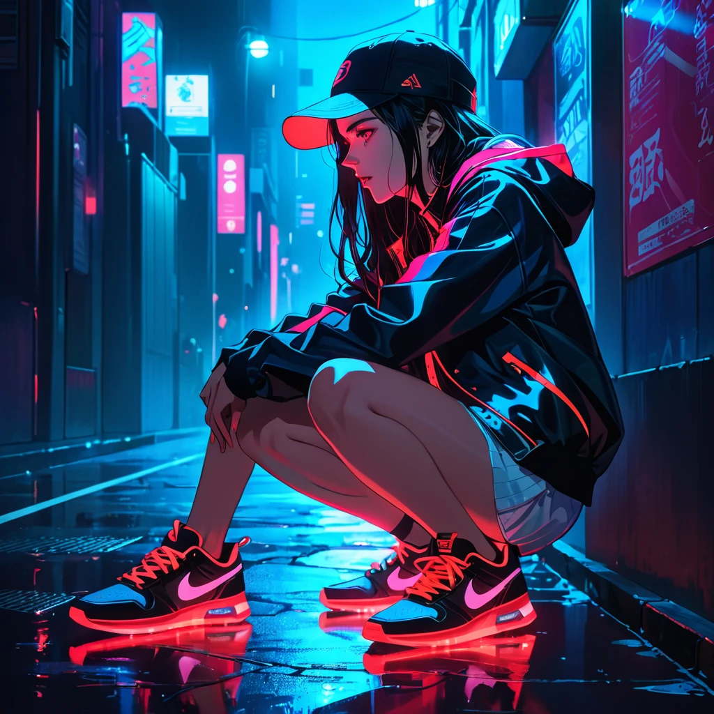 An anime-style illustration of a woman crouching in the dark, looking straight ahead with her face hidden by a cap. She is wearing a street-style jacket and sneakers, both highlighted with fluorescent red, making them visible in the dark.
High resolution, masterpiece, accurate, 最high quality, High detail, high quality, Very detailed, dark,longhair