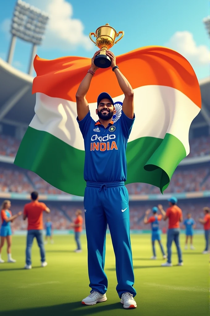 Virat kohli in t20 world cup trophy and indian flag