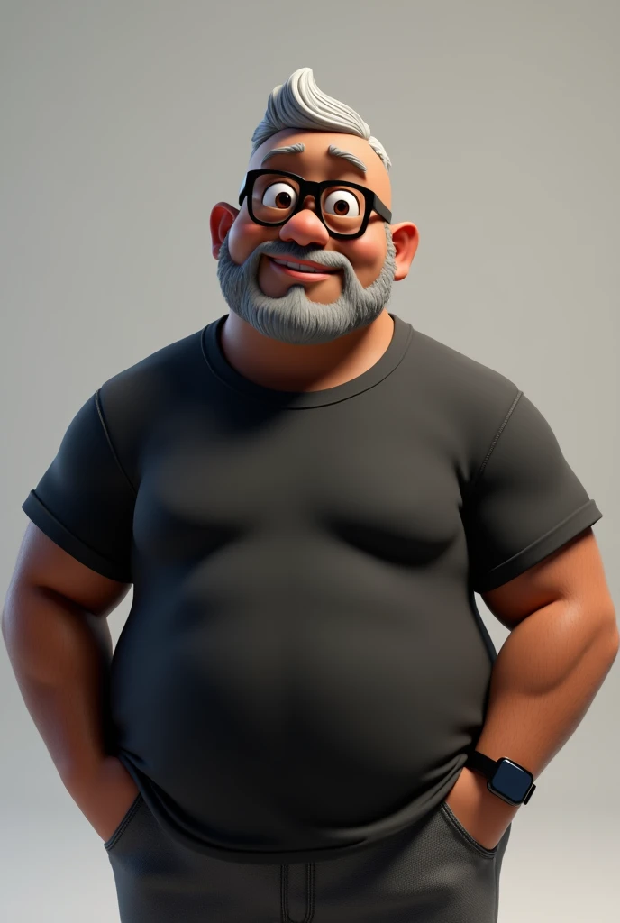 Create a stylized 3D cartoon character of a middle-aged black man with very short hair, wearing modern black glasses. The character must have a broad build, but without a belly or muscular physique, and a friendly expression, but not smiling. Your skin tone is dark brown with a warm undertone. The man has only two prominent vertical wrinkles on his forehead, between the eyebrows.. His beard is trimmed and thin, with more white hair on the chin and the rest being dark gray. Your hair is gray, extremely short at the top, stylized to the right side, and shaved on the sides. The man has hairy arms and does not wear accessories or jewelry, exceto por um smartwatch preto. He's looking directly into the camera, Don't cross your eyes, and not smiling. The man is dressed in an oversized black t-shirt and dark gray pants without a belt.. The character must be rendered in a stylized way, animation style, with a quality similar to Pixar, using Arnold Maya rendering or Keyshot toon rendering. Rendering must be of high quality, with cinematic lighting, sharp focus, detailed textures, skin detailed, clay-like finish, and bokeh effects in 8K resolution.