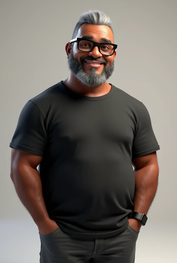 Create a stylized 3D cartoon character of a middle-aged black man with very short hair, wearing modern black glasses. The character must have a broad build, but without a belly or muscular physique, and a friendly expression, but not smiling. Your skin tone is dark brown with a warm undertone. The man has only two prominent vertical wrinkles on his forehead, between the eyebrows.. His beard is trimmed and thin, with more white hair on the chin and the rest being dark gray. Your hair is gray, extremely short at the top, stylized to the right side, and shaved on the sides. The man has hairy arms and does not wear accessories or jewelry, exceto por um smartwatch preto. He's looking directly into the camera, Don't cross your eyes, and not smiling. The man is dressed in an oversized black t-shirt and dark gray pants without a belt.. The character must be rendered in a stylized way, animation style, with a quality similar to Pixar, using Arnold Maya rendering or Keyshot toon rendering. Rendering must be of high quality, with cinematic lighting, sharp focus, detailed textures, skin detailed, clay-like finish, and bokeh effects in 8K resolution.