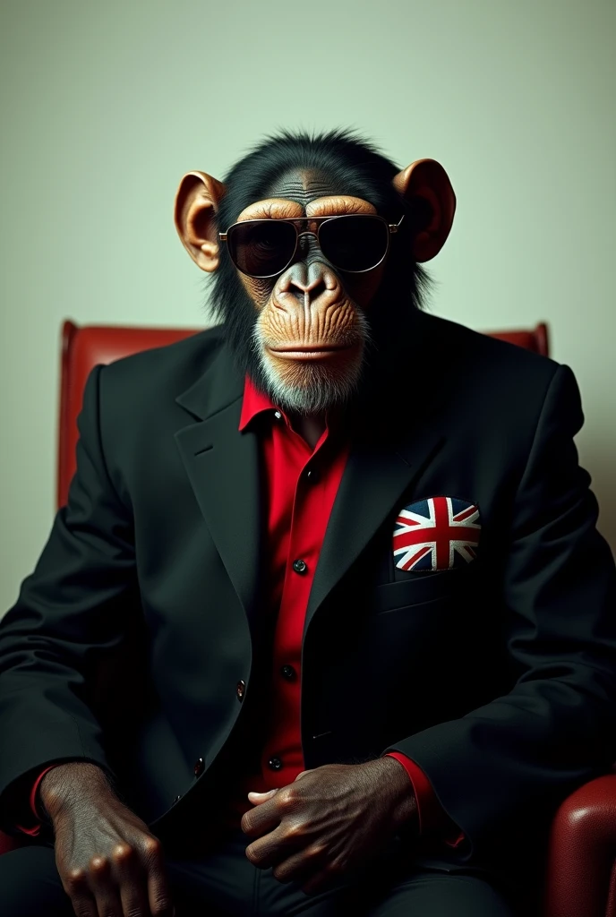 (photorealism:1.2), A chimp in a black suit jacket with a Union jack patch on a jacket top pocket, red shirt, sunglasses, sat on a chair with a plain white wall behind, head and shoulders portrait, Cinematic film still, shot on v-raptor XL, film grain, vignette, color graded, post-processed, cinematic lighting, 35mm film, live-action, best quality, atmospheric, a masterpiece, epic, stunning, dramatic