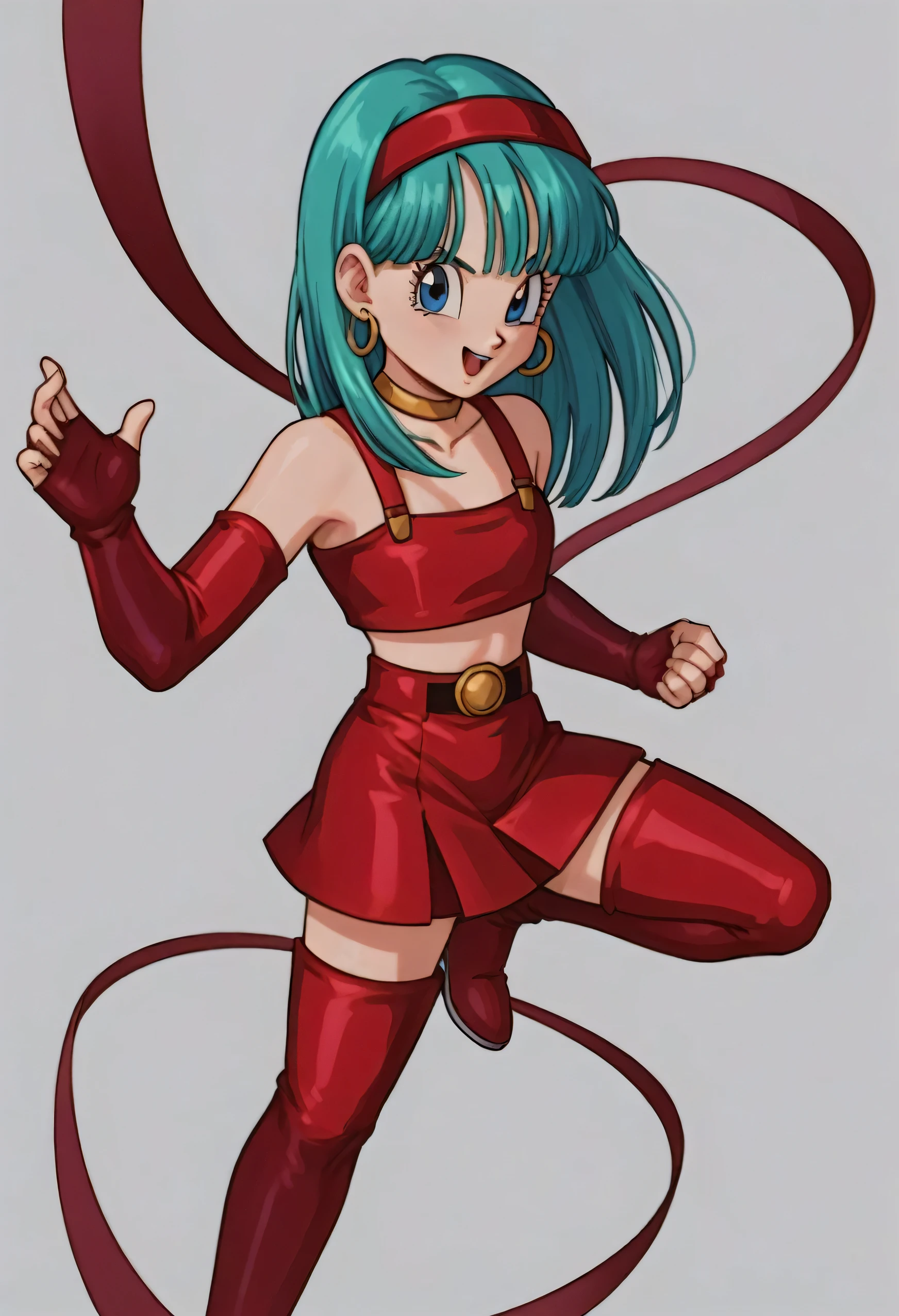 bulla, red thigh high boots, 1girl, solo, bare shoulders, eyebrows, blunt bangs, eyelashes, fingerless gloves, red hairband, red crop top, red gloves, pointy nose, portrait, elbow gloves, choker, collarbone, anime coloring, 1990s \(style\), retro artstyle, bridal gauntlets, bulla, long hair, straight hair, aqua hair, blue eyes, dancing, the rumba, 