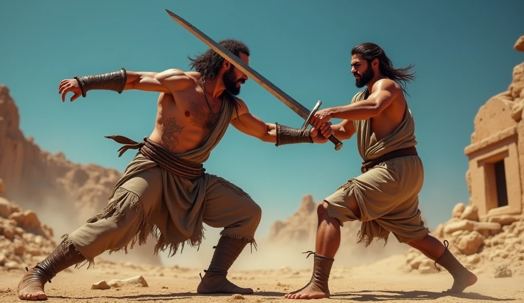 (best quality: 1.4), (Ultra Highres: 1.2), (photorealistic: 1.4), (8k, RAW photo: 1.2). The description of the Samaritan man's physical appearance is not detailed in the biblical narrative, but her Samaritan origin suggests she likely had similar characteristics to other people in the region. Without historical-cultural context, the story of the man with a rustic Samaritan appearance, he appears to be a rustic man, he is in a battle of swords