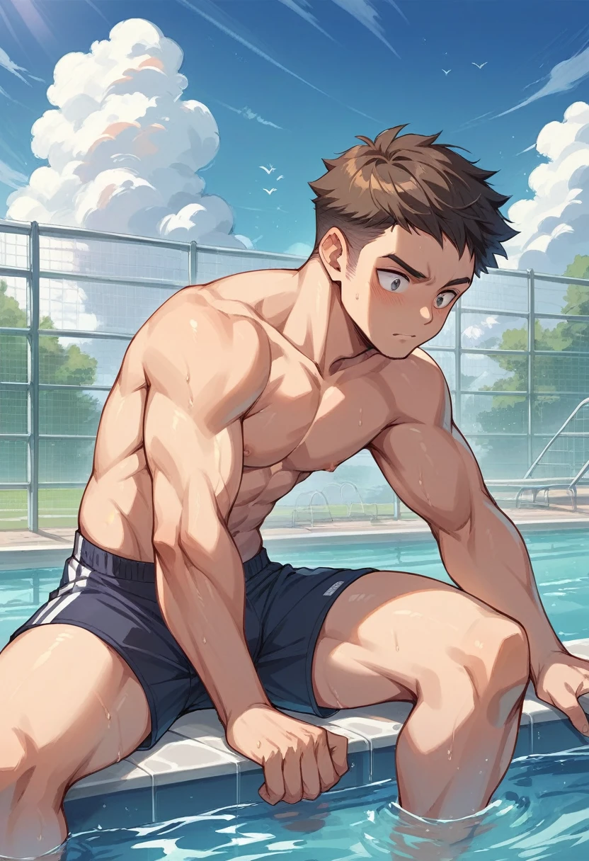 On the edge of the pool, a naked male, a ruffian, a high school student, sticking out his tongue, rolling his eyes, evil expression, swimming briefs, spitting white liquid out of his mouth, holding his crotch with one hand, sexually harassing a girl, seducing