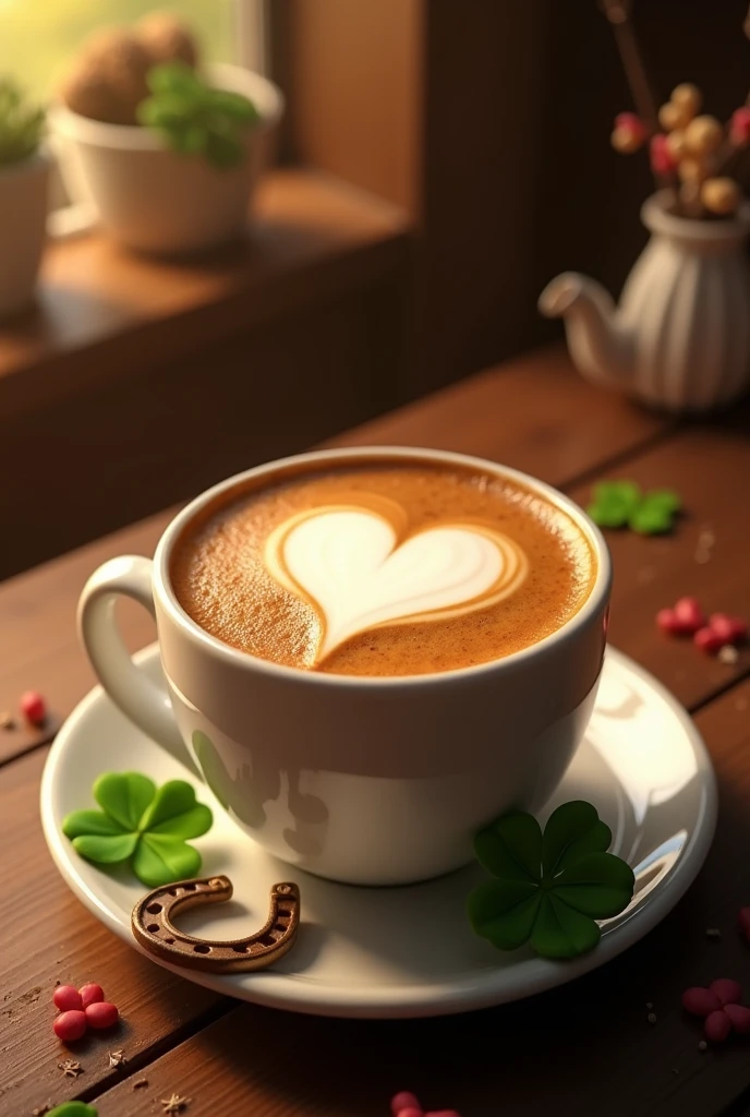 COFFEE WITH A HEART ABOVE A CLOVER AND A HORSESHOE
