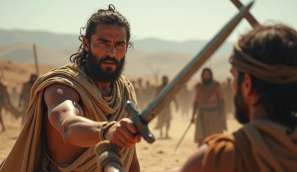 (best quality: 1.4), (Ultra Highres: 1.2), (photorealistic: 1.4), (8k, RAW photo: 1.2). The description of the Samaritan man's physical appearance is not detailed in the biblical narrative, but her Samaritan origin suggests she likely had similar characteristics to other people in the region. Without historical-cultural context, the story of the man with a rustic Samaritan appearance, he appears to be a rustic man, he is in a battle of swords