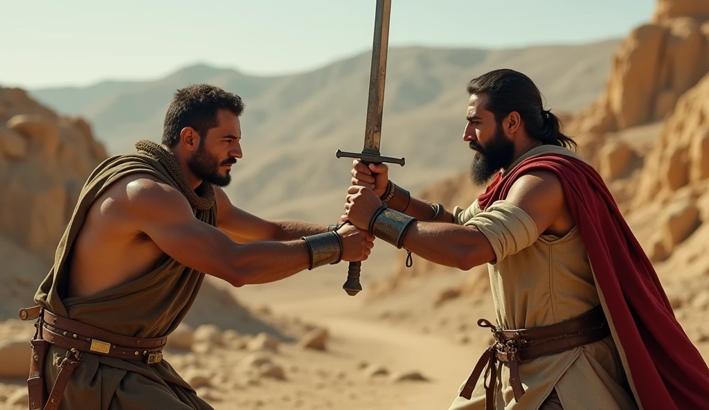 (best quality: 1.4), (Ultra Highres: 1.2), (photorealistic: 1.4), (8k, RAW photo: 1.2). The description of the Samaritan man's physical appearance is not detailed in the biblical narrative, but her Samaritan origin suggests she likely had similar characteristics to other people in the region. Without historical-cultural context, the story of the man with a rustic Samaritan appearance, he appears to be a rustic man, he is in a battle of swords