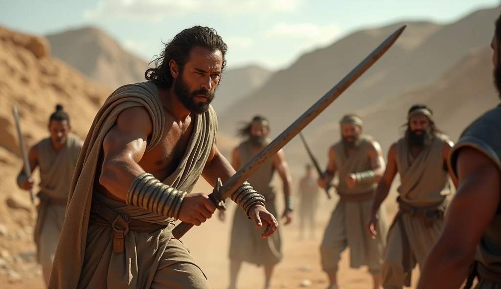 (best quality: 1.4), (Ultra Highres: 1.2), (photorealistic: 1.4), (8k, RAW photo: 1.2). The description of the Samaritan man's physical appearance is not detailed in the biblical narrative, but her Samaritan origin suggests she likely had similar characteristics to other people in the region. Without historical-cultural context, the story of the man with a rustic Samaritan appearance, he appears to be a rustic man, he is in a battle of swords