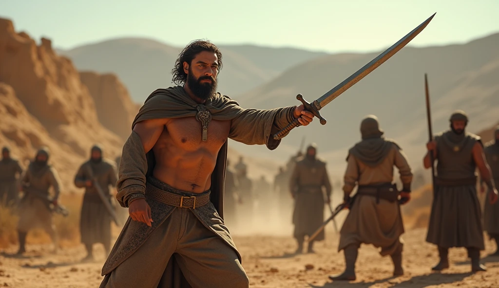 (best quality: 1.4), (Ultra Highres: 1.2), (photorealistic: 1.4), (8k, RAW photo: 1.2). The description of the Samaritan man's physical appearance is not detailed in the biblical narrative, but her Samaritan origin suggests she likely had similar characteristics to other people in the region. Without historical-cultural context, the story of the man with a rustic Samaritan appearance, he appears to be a rustic man, he is in a battle of swords