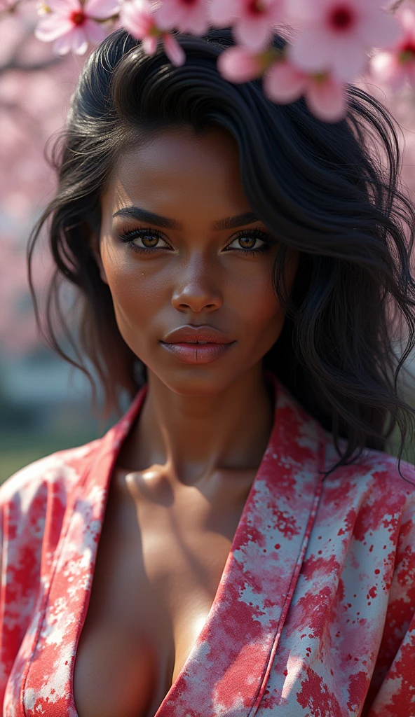 shukezouma, octane render, hdr, (hyperdetailed:1.15), (soft light, sharp:1.2), 1girl, beautiful girl, ultra detailed eyes, mature, plump, dark skin, tanned, thick, tan, painting drops, paint teardrops, woman made up from paint, entirely paint, splat, splash, long colored hair, kimono made from paint, ultra detailed texture kimono, paint kimono, paint bulb, exposed cleavage, sexy, paint drops, outdoors, exposed shoulders, sakura trees, tears, sexy, shoulders visible, thighs exposed, semi naked, focus on face, beautiful face, eye shadow, dark eye outline, Russian face, Russian girl, mascara, beautiful, tanned skin, tanned, dark skin, tan, 18 year old, tanned body