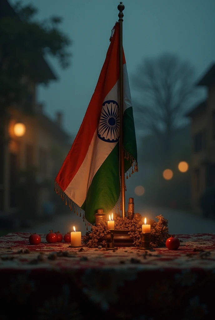 Indian flag on table with any other organisation's flag attached to it , should be realistic evening shot with less light and background should be blurry