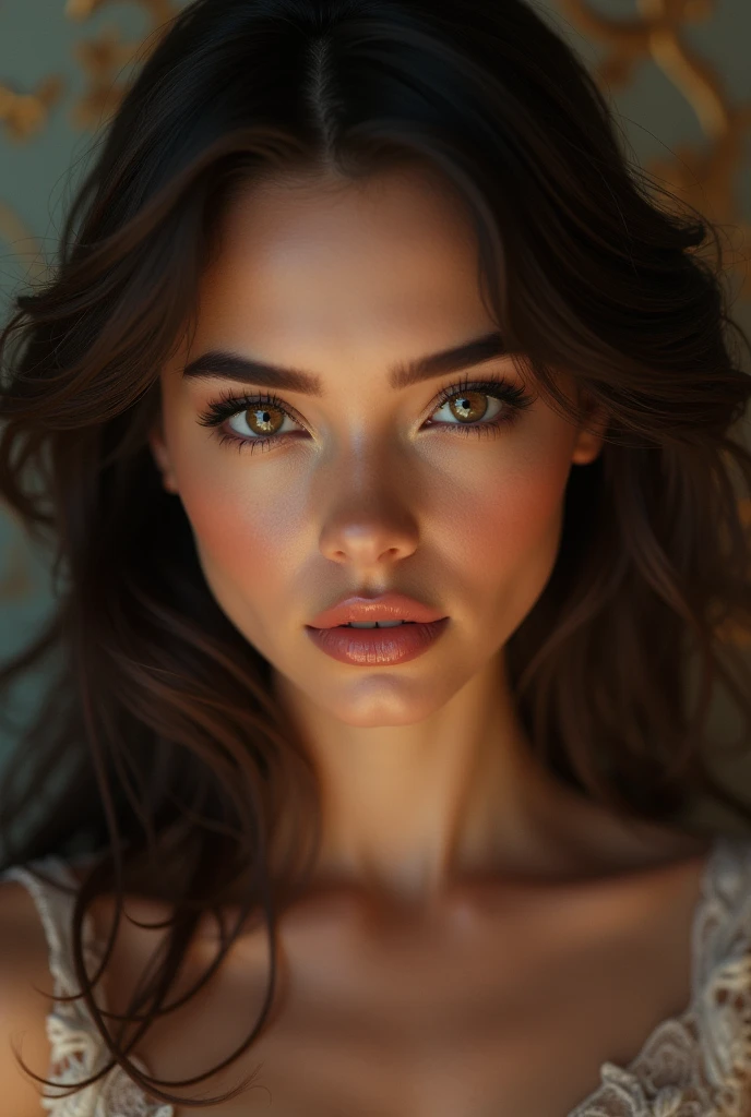 A sexy girl, brunette hair, beautiful detailed eyes, beautiful detailed lips, extremely detailed face, long eyelashes, sensual expression, elegant pose, 1girl, photorealistic, 8k, high quality, hyper detailed, realistic lighting, vivid colors, cinematic lighting, dramatic lighting, intricate details, masterpiece