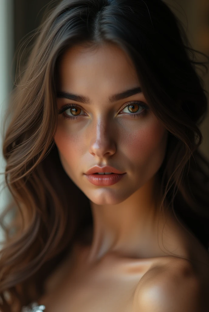 A sexy girl, brunette hair, beautiful detailed eyes, beautiful detailed lips, extremely detailed face, long eyelashes, sensual expression, elegant pose, 1girl, photorealistic, 8k, high quality, hyper detailed, realistic lighting, vivid colors, cinematic lighting, dramatic lighting, intricate details, masterpiece