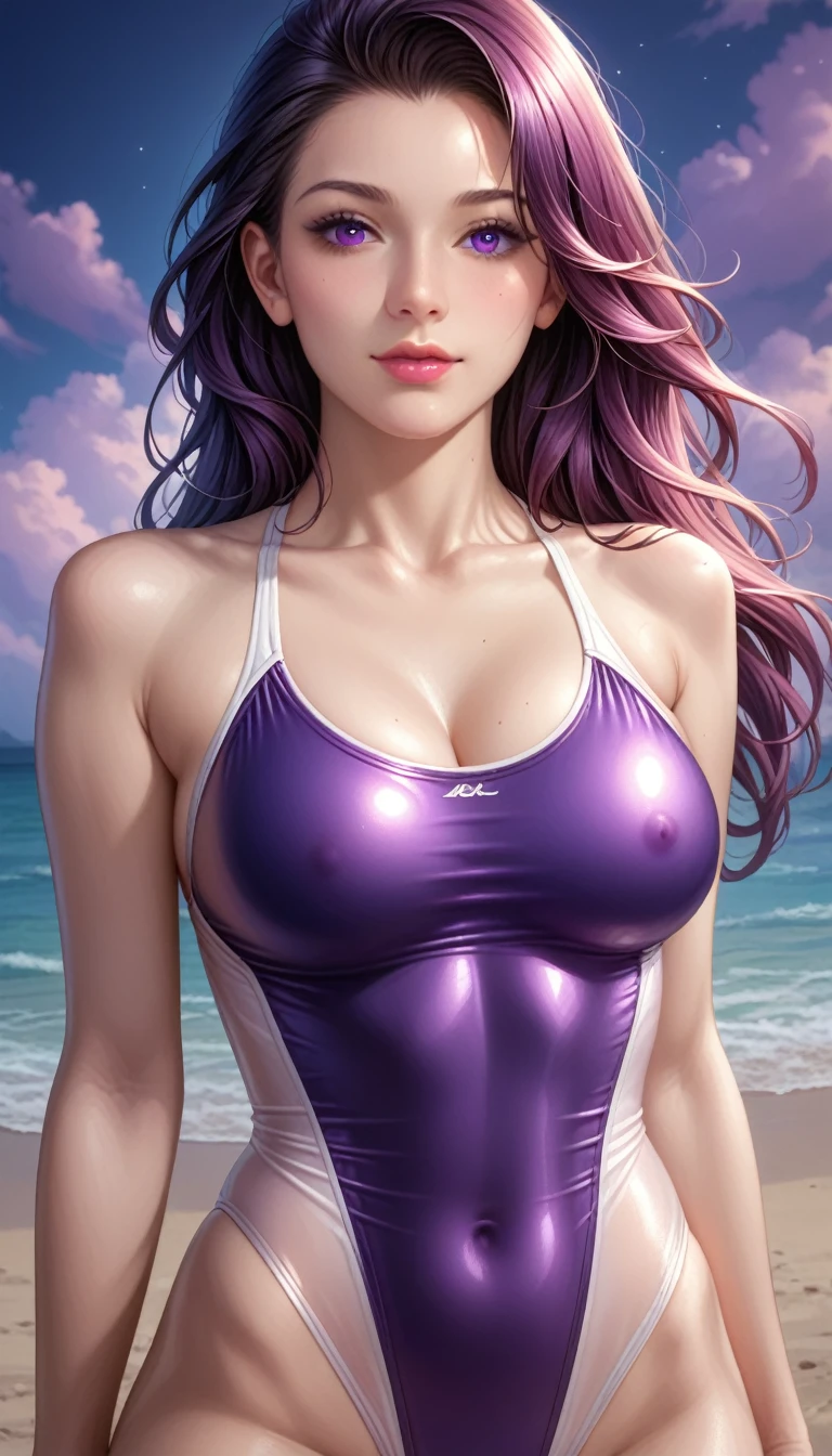 score_9, score_8_superior, score_7_superior, High-resolution CG illustration,A masterpiece in 32K resolution,Highest quality,it is really amazing,Very detailed,Ultra-high resolution,Ultra-realistic,Realistic,Increased depth of field,Cinematic lighting,
Elegant mature Japanese woman,
Straight long hair with black hair,Ultra-detailed and beautiful face,Calm and gentle look,Translucent white skin,Realistic skin texture,Great proportions,
High leg swimsuit,
Summery design,Chic color scheme,Beautiful and delicate decoration,Detailed fabric texture,
Dark skies before the storm,Dark clouds covering the dark sky,Thunderclouds rolling in,Coastline at night,Stormy seas,delay々A desolate sandy beach that continues,
Cinematic Angle,