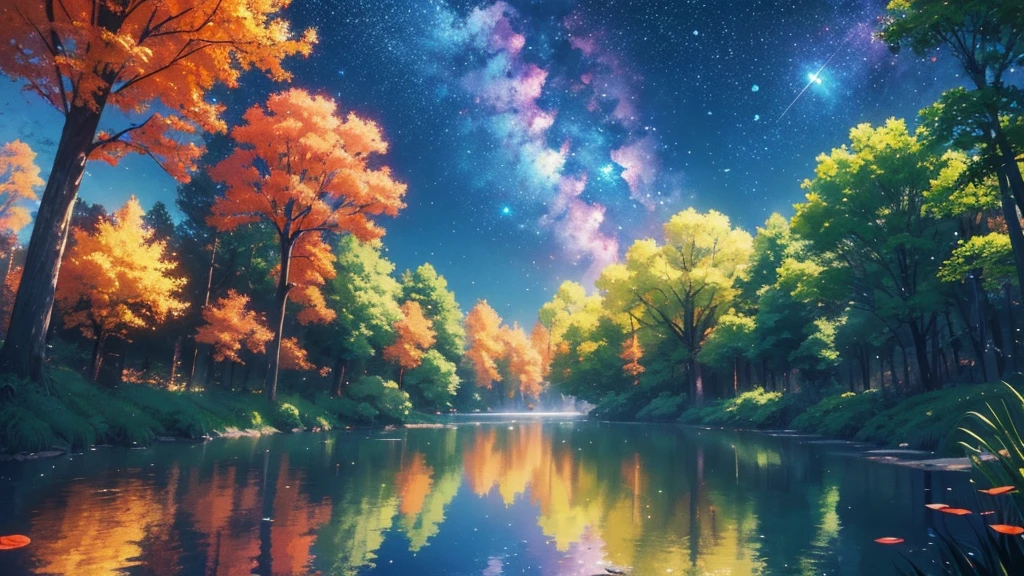 /imagine prompt: Viral anime nature wallpaper in 4K quality, in the style of Pixar 3D inspired by Coco, showing a lively forest clearing with colorful flowers, animated trees, and a crystal-clear pond reflecting the night sky; warm and festive color temperature, cosmos lighting with stars twinkling in the sky, no human characters, the atmosphere is magical and joyous --v 5 --stylize 1000