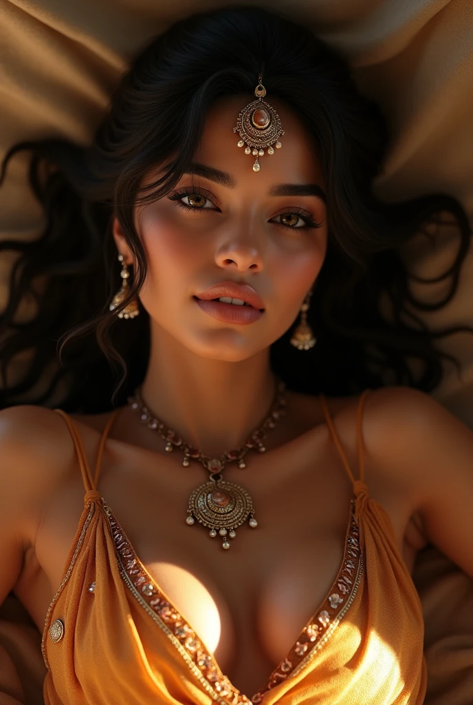 young Indian girl, 20 years old, gentle sunlight on the face, room atmosphere, old cloth about to be torn, ((grow seductive)),village girl atmosphere, intricate facial details, seductive full body image, wearing a crown, necklace and jewels, cinematic poses with perfect skin tones, Best 3D Rendering, very realistic, shot in Indian bed room.reclining,trending photorealistic digital art on Artstation 8k HD high definition realistic detail, detail, skin texture, very detailed, skin texture realistic, haunted, best quality, ultra high resolution, (photorealistic: 1.4),, high resolution, detailed, raw photos, 400 f1.6 camera lens rich colors hyper realistic lifelike textures dramatic lighting unrealengine trending Artstation cinestill 800