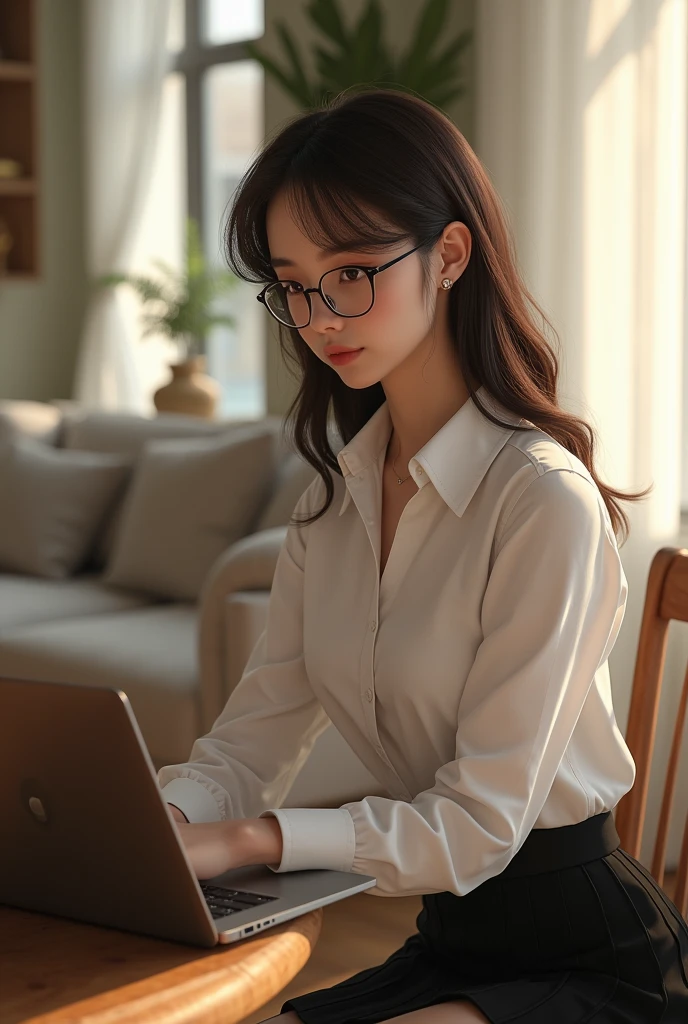 generate a slender beautiful brunette with glasses and light colored eyes in a black skirt and white shirt who is sitting at home at a table with a laptop
