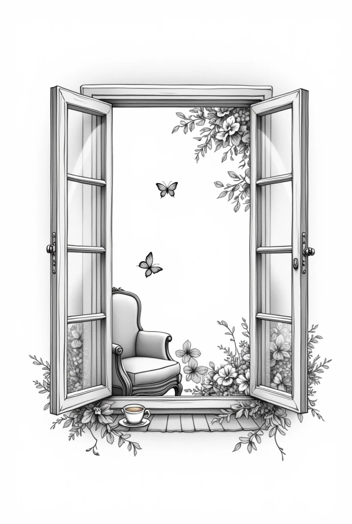 Create a very minimalist and delicate black and white illustration for a tattoo with fine lines of an open vintage window where outside you can see a flower garden with butterflies and inside there is a cozy room with an armchair, rug and side table supporting a hot coffee