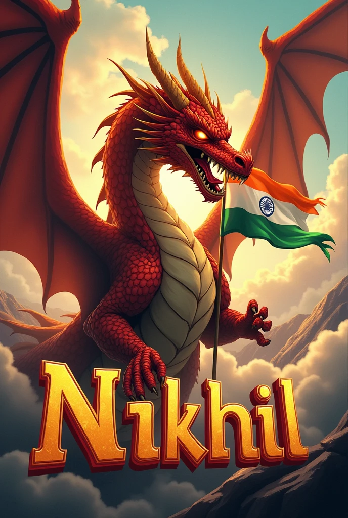 Prompt “Illustration with an Indian flag in hand. A ferocious dragon protecting the text "Nikhil" and he has Indian tricolor wings. ‘Create a 3D illusion profile picture in 4K.”