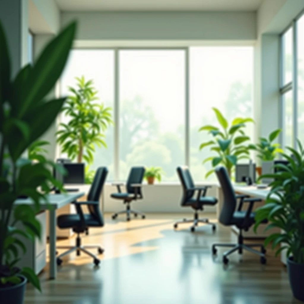 white part background like an office with windows and plants somewhat blurry