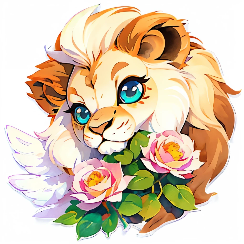 ((white background)), ((clipart )), ((sticker)), (((lion ear)), watercolor beautiful wild rose fantasy art, perfect eyes with beautiful face and flowers, angel wings, chibi cute animation style, vivid vivid colors, intricate details, hyper detail, hyper quality, 32K, Unreal Engine, isolated on white background, cute, twinkle