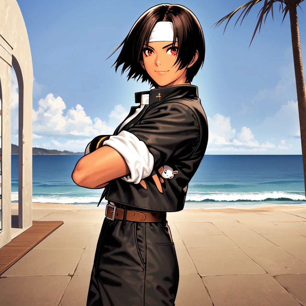 1 person,woman,Standing posture,Confident upward glance,Toothy smile,short hair,Black Hair,Dark Skin,Red eyes,((black jacket with sleeves rolled up)),Fingerless gloves,White T-shirt, ((White headband)),Black trousers,White shoes,Brown belt,cute,Indoor Party,Charm Points,Ocean View,Slightly large chest,Outdoor,high quality,good looking,Cross your arms