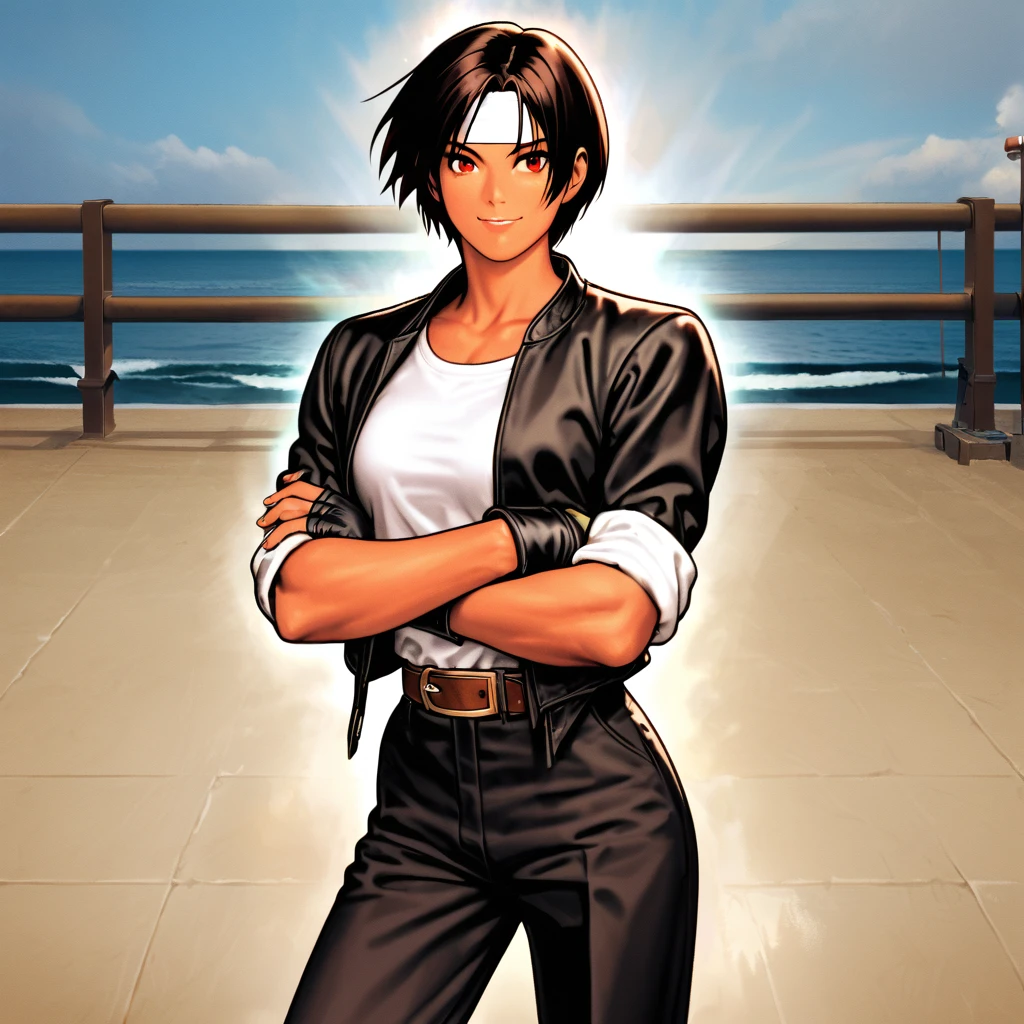 1 person,woman,Standing posture,Confident upward glance,Toothy smile,short hair,Black Hair,Dark Skin,Red eyes,((black jacket with sleeves rolled up)),Fingerless gloves,White T-shirt, ((White headband)),Black trousers,White shoes,Brown belt,cute,Indoor Party,Charm Points,Ocean View,Slightly large chest,Outdoor,high quality,good looking,Cross your arms
