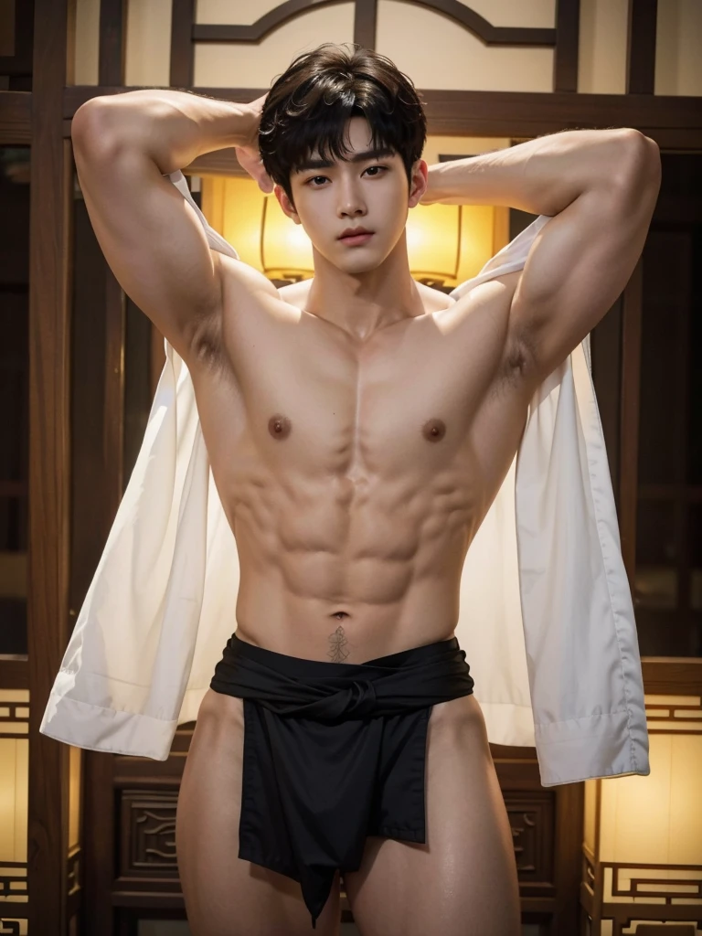 Chinese Men God, Mythology, Chinese odyssy, Handsome young baby face, Topless, Muscles Athlete body, Full Frame, Sexy, Professional Lighting, Hanfu Outfit, Chinese Heaven Background, smooth skin color Underwear, Hanfu Warrior, Hanfu God, Hanfu Male, Hanfu Nobel, Seduce, Sex Appeals, mess curly hair, Alafard man shirtless , muscular body,super handsome, manly, detailed face, manly chin, manly jawline, inspirite by Zhang Han, Cai Xukun, Kim Do-young, Inspired by Bian Shoumin, Inspired by Xiao Yuncong, yihao ren, yanjun cheng, jinyiwei, inspired by Huang Gongwang, xintong chen, Jacket, wearing super tiny skiny brief, lifted arms, shaved armpits, wet cloth, nice juicy butts, bare butts, open legs, Tattoo chest, tattoo hands, tattoo arms, tattoo belly, clear studio light, night ancient chinese Buddhism temple background, detailed background, Chinese themed, the best resolution, 8k, Ultra fullHD, look at the viewer, catching eyes,