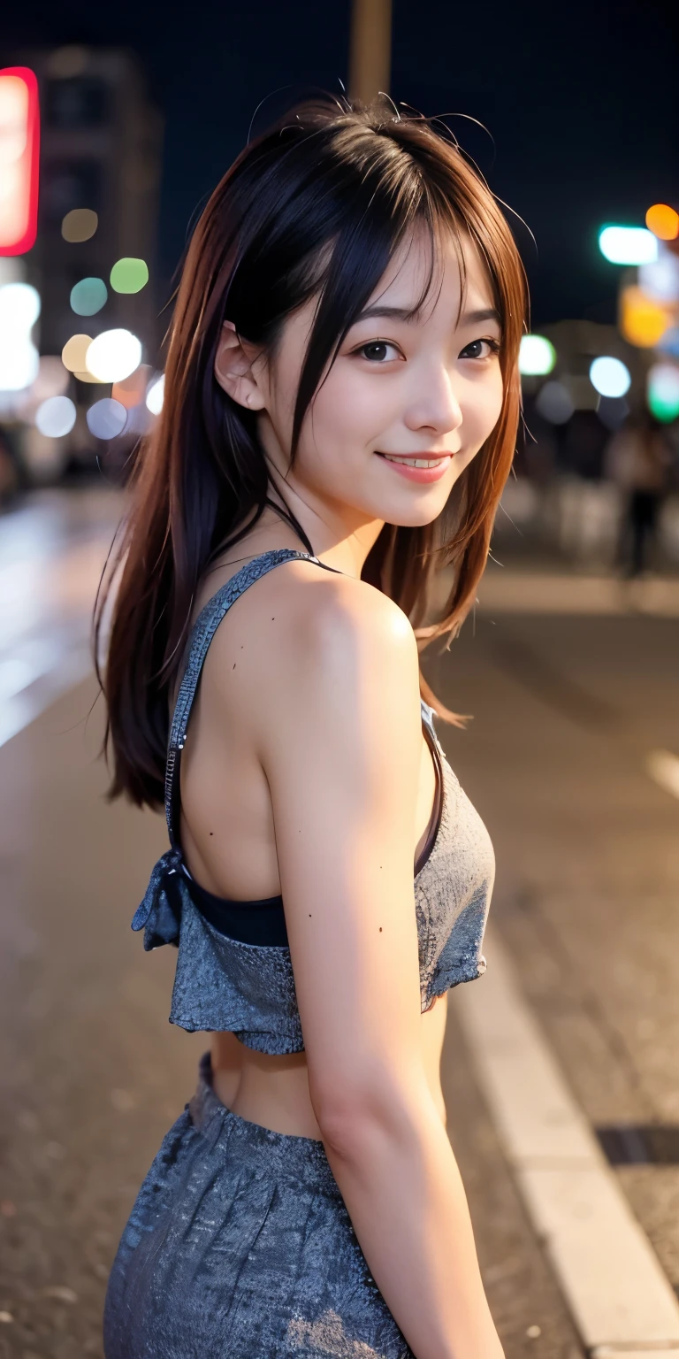 1 person, Tokyo Street,night, Streetscape,City lights,Upper Body,close,smile,, (8k, RAW Photos, Highest quality, masterpiece:1.2),(Realistic, photo-Realistic:1.37),