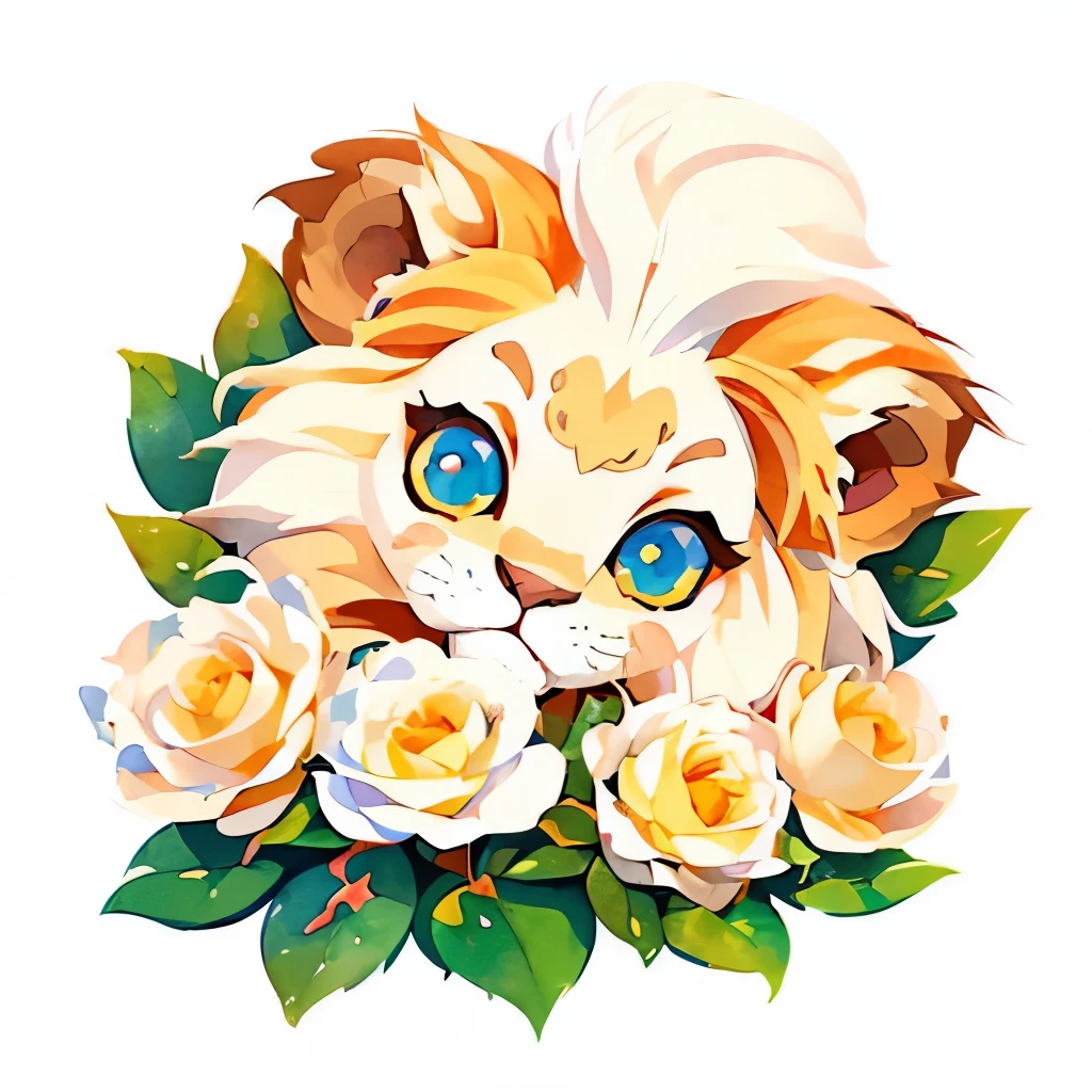 ((white background)), ((clipart )), ((sticker)), (((lion ear)), watercolor beautiful wild rose fantasy art, perfect eyes with beautiful face and flowers, angel wings, chibi cute animation style, vivid vivid colors, intricate details, hyper detail, hyper quality, 32K, Unreal Engine, isolated on white background, cute, twinkle