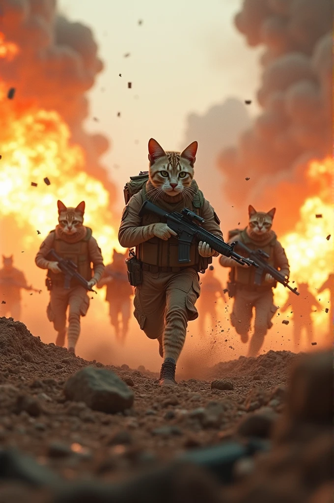 In an epic panoramic shot, gray cat lifelike bodies, special forces soldiers run through a series of explosions that shake the terrain around them.
The explosion occurred violently, causing debris and fireballs to soar into the sky. The ground shook with each explosion, raising clouds of dust and smoke that enveloped the human-like cat warriors in an aura of danger and chaos.
The human-like cat warriors quickly maneuvered, skillfully dodging the explosions as they moved towards their goal. Their faces, determined and focused, reflect the intensity of the situation, while their precise movements show training and expertise.
The scene is full of action and adrenaline. The lighting is interrupted by bursts of explosions, casting dynamic, contrasting shadows on the soldiers in motion, creating a striking visual image that pulses with energy