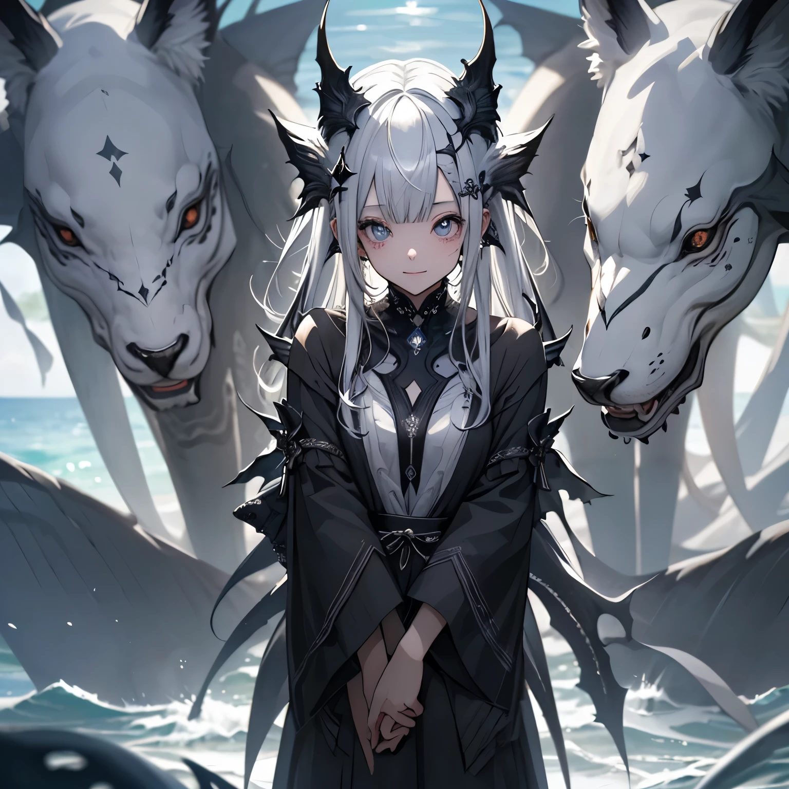(masterpiece), Highest quality, Ultra-high resolution,Silver Hair、Black Hair、Big smile、Bat、Sick Makeup、barefoot、Skin color、Ocean、(Oceanに足をつける:1.3)、Are standing