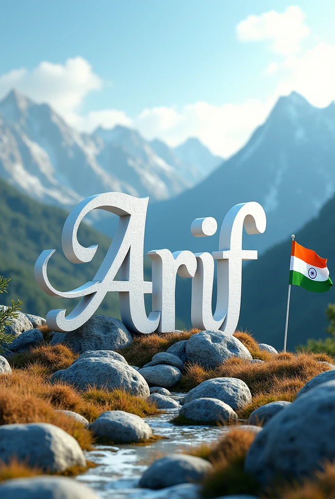 3d Arif calligraphy in the mountains with Indian flag