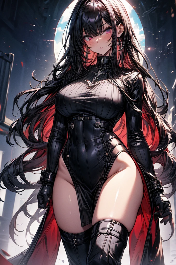 Raw photo, masterpiece, best quality, ultra-detailed, high resolution, extremely detailed CG, unity 8k wallpaper, official art, production art, novel illustration, caustics, textile shading, super detailed skin, perfect anatomy, detailed, cinematic lighting, dynamic lighting, 4k image, anime style, beautiful young girl, casual backless oversized cable knitted sweater, thigh-high heeled boots, sharp facial features, lightly tanned white skin, oval shaped face, arrogant and disdainful expression, cherry pink lips. big dark and mesmerizing velvet colored eyes, sleek dark violet-black hair, 18 year old, solo girl, C-cup breasts, beautiful distinct image, hourglass figure, tall height(180cm). slim curves, narrow waist, perky round ass, casual forestry and nature modern setting