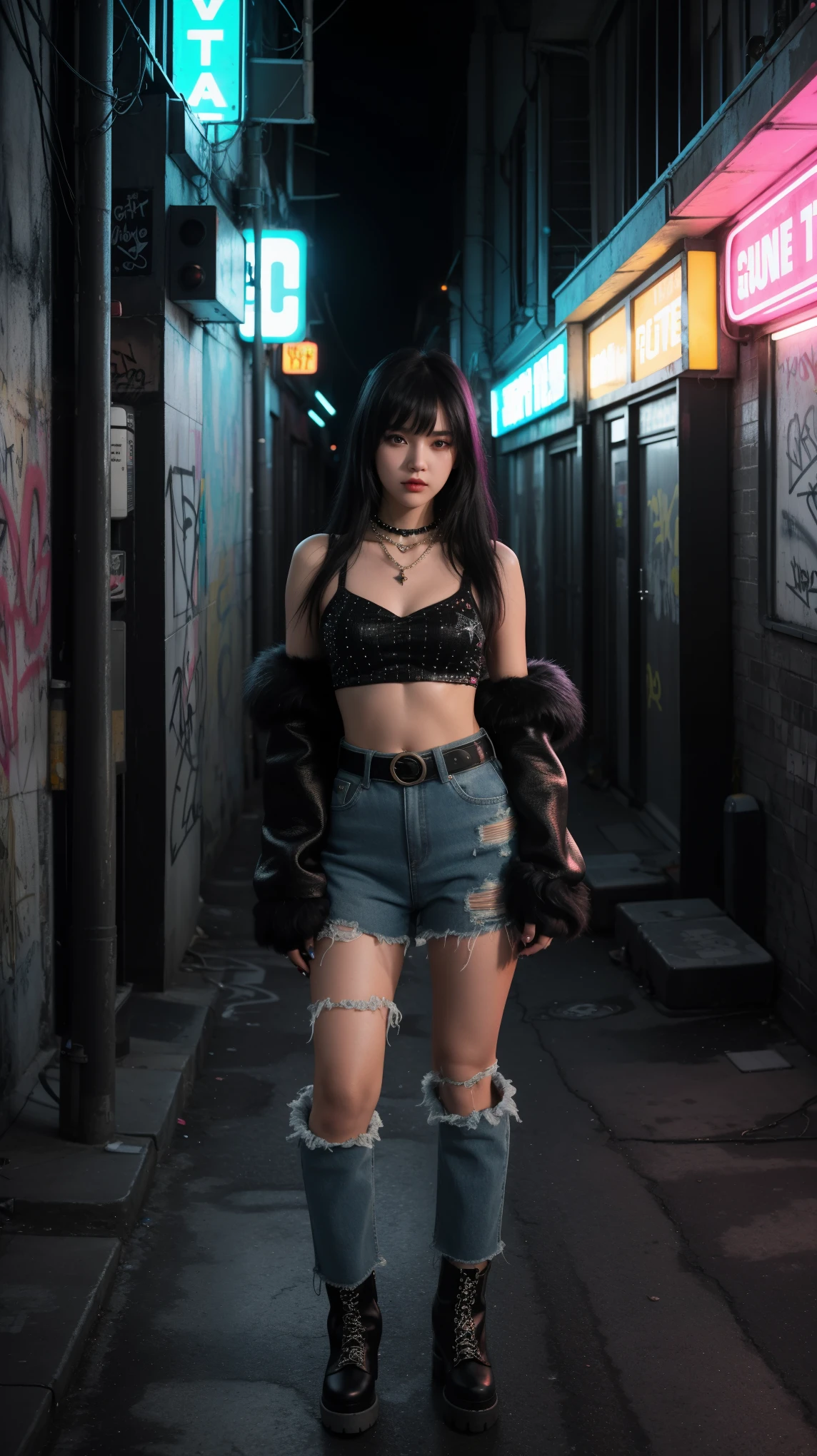 A girl posing in a grungy, neon-lit urban alleyway. Black hair with bangs, The girls wear edgy streetwear, chunky puffy heart necklace, fur boots, crochet bolero shrug arm sleeve, wide leg jeans skirt, and sleeveless crop top vintage, pearls and stars belt, half finger gloves, The alleyway is dark and atmospheric, with graffiti-covered walls and glowing neon signs, grungy aesthetic, high angle, night