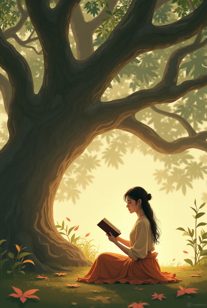 Mousumi sitting under the banyan tree, engrossed in her favorite book, with a gentle smile on her face."