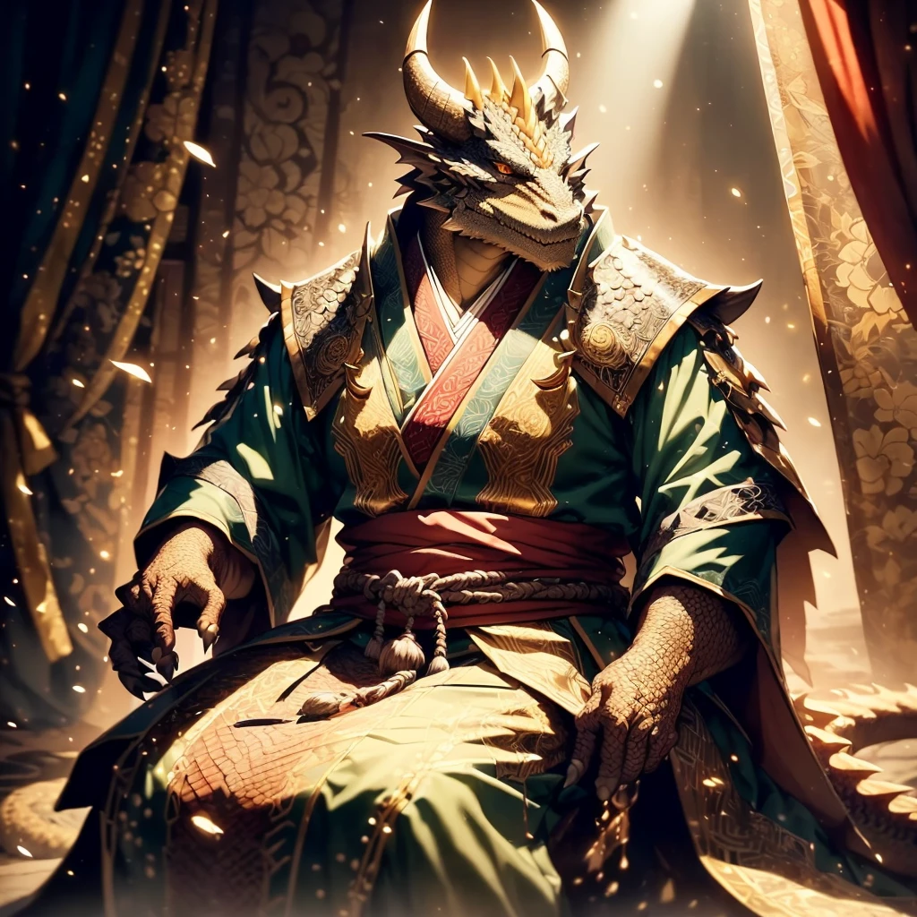 ((pot-bellied fat Dragonborn, yellow-brown scales, dragon features, dragon face, long gold horns)),  (expensive Asian clothes similar to a kimono, light-colored  Japanese clothes), RPG portrait, high details, best quality, 8k, [ultra detailed], dynamic angle, ultra wide shot, dynamic shot, gacha splash art,, dnd art, fantasy art, a wide angle picture of a dragonborn bard relaxed sitting,with a gray mustache, gray eyebrows and a gray short beard on his dragon muzzle, small head, big fat body (intense details, Masterpiece, best quality: 1.5), D&D dragonborn, ocher color scales dragonborn, reptilian eyes, wearing light Asian multi-layered clothes, light Asian layered clothes, fluttering clothes, dynamic colors,   behind the scenes of the theater surrounded by wooden painted decorations, dust particles shimmering in the rays of light, cozy dark lighting, soft shadows, a Enchanting and peaceful atmosphere, melancholic, wise, kind, The background  in black-red-white tones, Looking at the camera