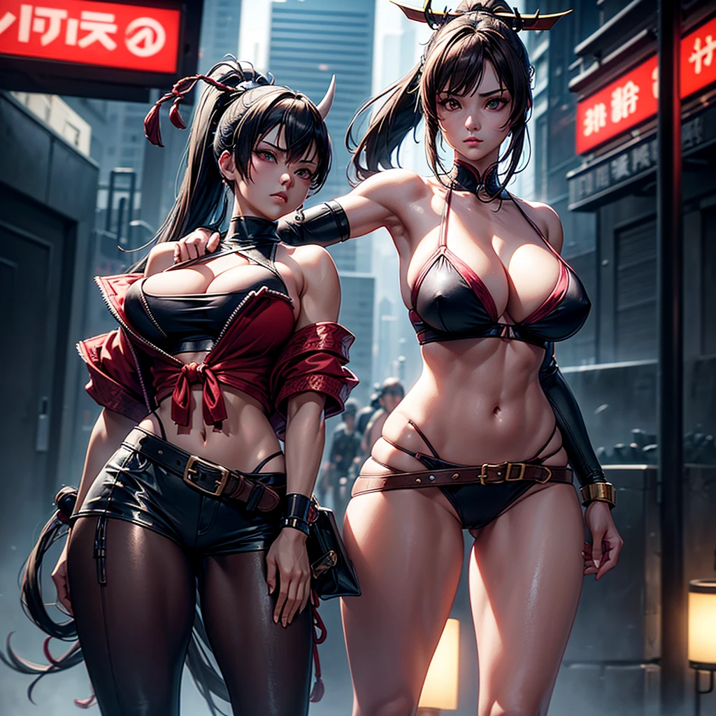 (sketch), (mysterious mood), Score_9, score_8_up, score_7_up, 2girl, 2 beautiful young women with long hair, breasts, looking at the viewer, large breasts, brown hair, cleavage, bare shoulders, cleavage, brown eyes, Shut up, upper body, ponytail, red Japanese clothes, sleeveless, high-cross legs, hips, collar, blur, arms, lips, bangs, belt, high ponytail, rope, armband, fighting pose, ninja, Mai Shiranui, Cleavage, large breasts, exposed bikini breast details, clothing may unintentionally fall apart (fall apart), become embedded (causing clothing to pull on the crotch), crop tops may rip and tops may slip off (causing exposure).     Side soft light, highly detailed, masterpiece, delicate skin, Hong Kong style woman, rotten horn ghost mask and retro detailed old turtleneck cyberpunk samurai bikini, translucent amber horns, glowing silver hair, big breasts, cleavage, navel, Surrounded by cyberpunk Japanese street, dark, (surrealism, large depth of field, color, 3D octane rendering, 4k trend, concept art, B0ld01lp41nt, dark theme, charcoal\(center\), photo_b00ster