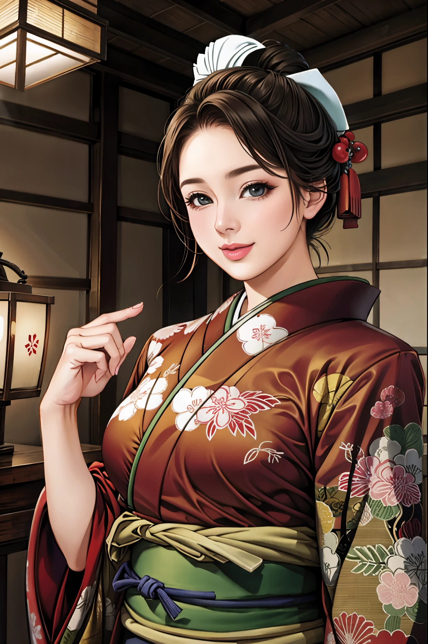 (Browsing Caution), (RAW Photos), (Realistic), (Photorealistic), Ultra-high resolution, masterpiece, Highest quality, Portraiture, facial Portraiture, Perfect lighting, Detailed lighting, Dramatic Shadows, Ray Tracing, Pure Eros Face_v1, Urzan-6500-v1.1, ((gentle smile)), ((upper body:1.2)), ((random sexy pose)), looking at viewer, ((wearing a kimono)), ((in old Japanese shinto)), ((background with blizzard:1.2)),